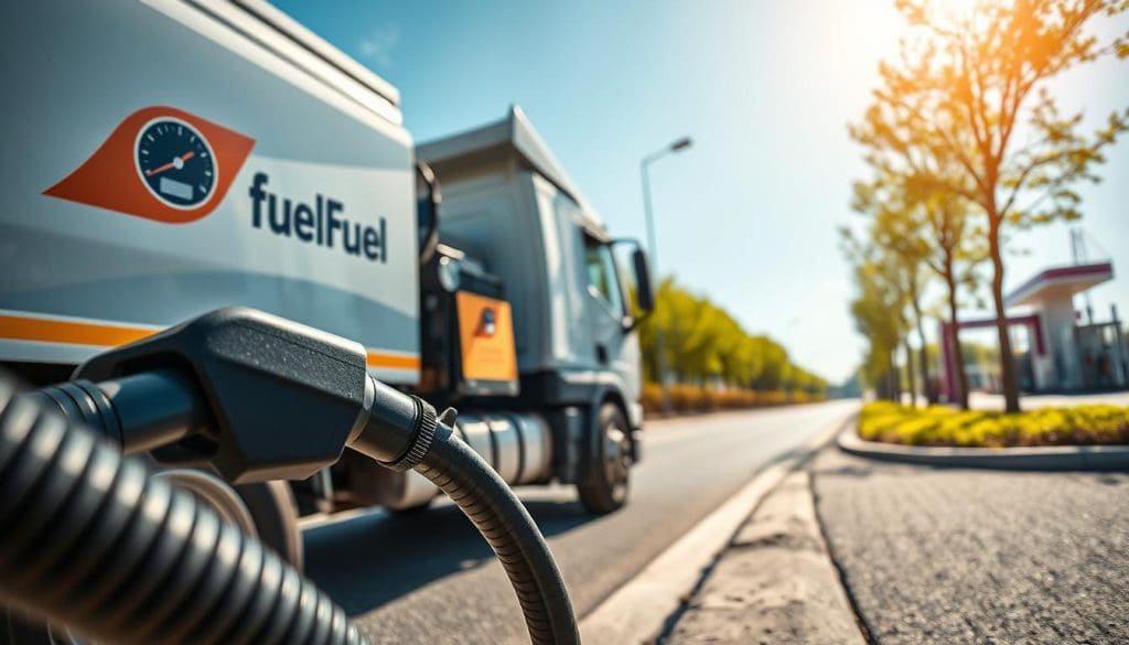 A detailed scene depicting a fuel delivery system in action, featuring a modern fuel truck parked next to a compact car. In the foreground, a fuel delivery hose is being connected to the car's gas tank, highlighting the mechanics of the fuel delivery process. In the middle ground, the truck is branded and shows gauge indicators reflecting the fuel type. The background reveals a sunny day with a clear blue sky, trees lining the roadside, and an industrial fuel station in the distance. The lighting is bright and natural, creating an informative and professional atmosphere, while the focus is sharp, emphasizing the connection between the truck and car.