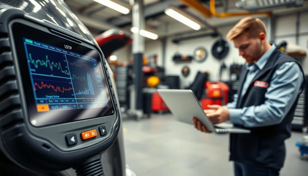 A detailed scene depicting a professional setting focused on automotive scan tool compatibility. In the foreground, a modern scan tool is connected to a vehicle's diagnostic port. The tool's screen displays intricate data graphs and compatibility indicators. In the middle ground, a technician dressed in smart casual attire examines a laptop, highlighting software compatibility with the scan tool. In the background, a well-lit garage filled with automotive tools and equipment suggests a workspace. The lighting is bright and clinical, emphasizing clarity and focus on the scan tool and technician. The atmosphere is one of professionalism and technical precision, underscoring the importance of evaluating hardware and software compatibility in automotive diagnostics. A detailed scene depicting a professional setting focused on automotive scan tool compatibility. In the foreground, a modern scan tool is connected to a vehicle's diagnostic port. The tool's screen displays intricate data graphs and compatibility indicators. In the middle ground, a technician dressed in smart casual attire examines a laptop, highlighting software compatibility with the scan tool. In the background, a well-lit garage filled with automotive tools and equipment suggests a workspace. The lighting is bright and clinical, emphasizing clarity and focus on the scan tool and technician. The atmosphere is one of professionalism and technical precision, underscoring the importance of evaluating hardware and software compatibility in automotive diagnostics.
