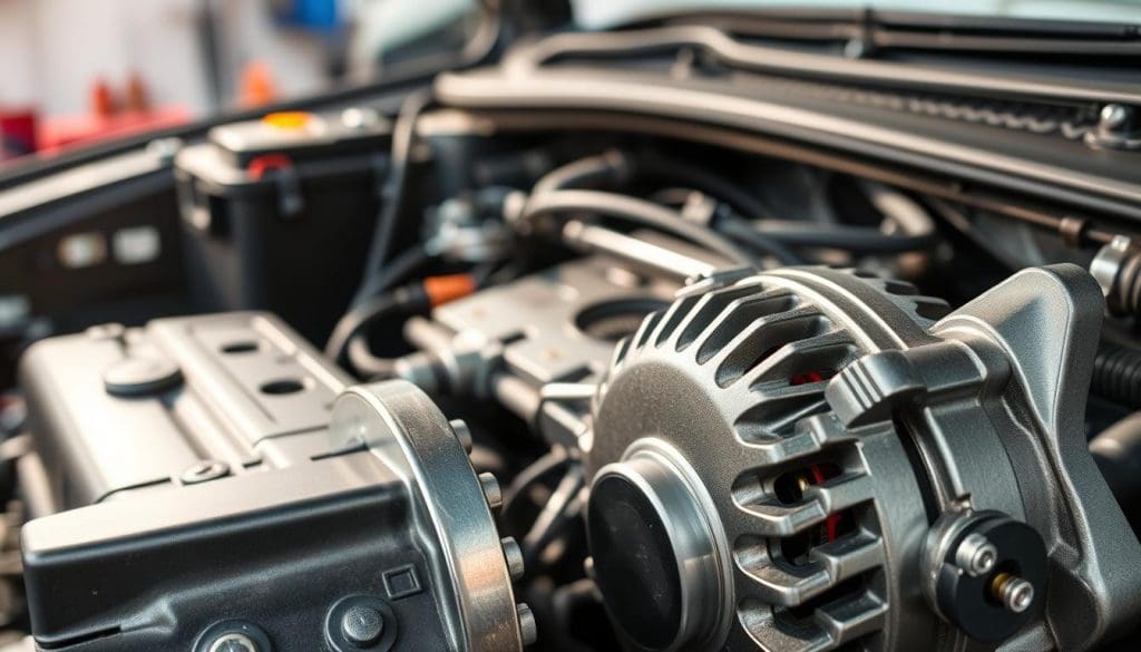 A detailed view of an automotive alternator charging system, showcasing the intricate components, including the alternator, voltage regulator, and battery connections. In the foreground, focus on the alternator with polished surfaces reflecting light; wires and connectors are clearly visible, emphasizing their textures. In the middle ground, display the battery and a section of the car’s engine bay with metal and plastic parts arranged orderly. The background features a softly blurred workshop environment, with tools and automotive parts, creating a technical ambiance. The lighting is bright, highlighting the metallic surfaces and casting subtle shadows. Capture the scene from a slightly elevated angle, as if illustrating a maintenance guide, evoking a mood of clarity and professionalism in automotive repair.