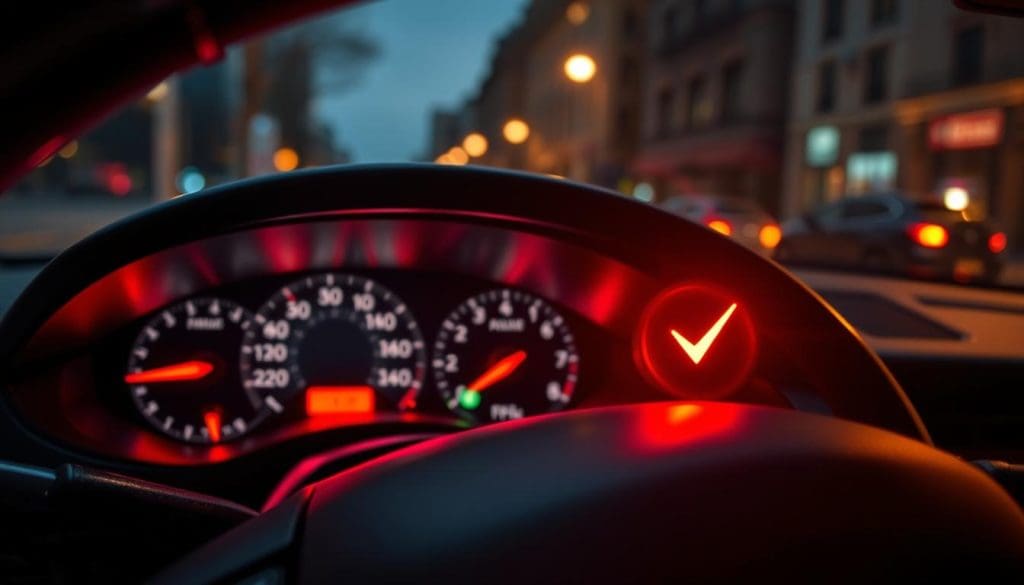 A dramatic close-up of a car dashboard featuring a prominently flashing check engine light in the foreground, emitting a vivid red glow. The dashboard's sleek design includes various illuminated gauges and warning symbols, casting reflections on the glossy surface. In the middle ground, the steering wheel is partially visible, with leather texture emphasizing the car's luxury. The background is softly blurred, depicting an out-of-focus city street at dusk, adding a sense of urgency. The ambient lighting is dim, highlighting the intensity of the warning light. The overall atmosphere is tense and cautionary, illustrating the critical nature of ignoring dashboard alerts. The scene is captured from an angle that reveals both the dashboard and the hints of motion outside, creating a dynamic yet unsettling mood.