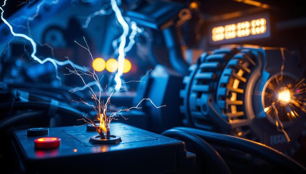 A dramatic close-up of a car's electrical system displaying visible electrical glitches, with crackling sparks and vibrant arcs of electricity illuminating the components. In the foreground, focus on a car battery with frayed wires and connections, surrounded by a subtle haze of electric blue and yellow light. The middle ground features a partially visible alternator, with glowing lights flickering erratically as if malfunctioning. In the background, a dimly lit garage environment sets a moody atmosphere, with shadows creeping in, enhancing the sense of trouble within the electrical system. Use a high-contrast light setup to emphasize the dynamic interplay of light and dark, creating a tense feeling representative of electrical failure.