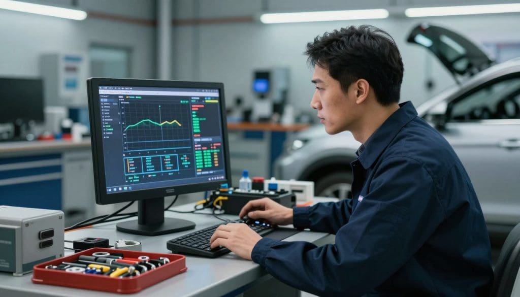 A focused diagnostic technician in a modern, well-lit automotive shop examines a vehicle's complex electronic diagnostics screen, showcasing intricate graphs and data. In the foreground, tools are organized neatly on a workbench, symbolizing readiness and precision. The middle ground features the technician, clad in professional attire, demonstrating deep concentration while reviewing the diagnostics. In the background, soft ambient lighting accentuates various automotive parts, suggesting the technical environment. The overall atmosphere is one of professionalism and clarity, emphasizing the importance of accurate diagnostics in preventing unnecessary repairs. The image is captured from a slightly elevated angle, offering a comprehensive view of the scene without clutter, conveying a sense of expertise and reliability.