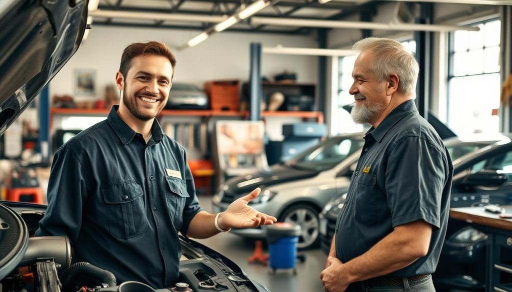 A friendly mechanic in a well-organized independent auto shop, wearing a professional work shirt with a name tag, assisting a satisfied customer. In the foreground, the mechanic is smiling warmly while explaining a car part, gesturing toward a clean engine. In the middle, showcase a variety of tools and car parts neatly arranged on workbenches, emphasizing a personalized touch, like a vintage calendar or family photos. The background features cars in various stages of service, soft sunlight streaming through the garage windows, creating a welcoming atmosphere. Use a slight angle to capture depth, making the shop feel inviting and intimate, reflecting the essence of personal customer relationships in a car service environment. A friendly mechanic in a well-organized independent auto shop, wearing a professional work shirt with a name tag, assisting a satisfied customer. In the foreground, the mechanic is smiling warmly while explaining a car part, gesturing toward a clean engine. In the middle, showcase a variety of tools and car parts neatly arranged on workbenches, emphasizing a personalized touch, like a vintage calendar or family photos. The background features cars in various stages of service, soft sunlight streaming through the garage windows, creating a welcoming atmosphere. Use a slight angle to capture depth, making the shop feel inviting and intimate, reflecting the essence of personal customer relationships in a car service environment.