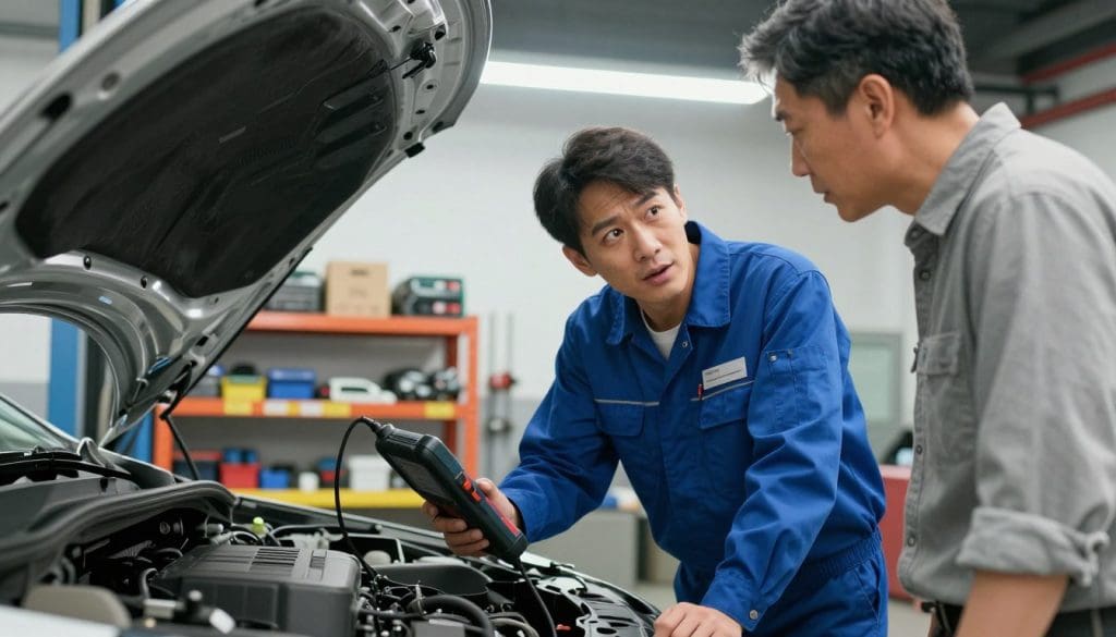 A knowledgeable mechanic, in a clean, well-lit garage setting, wearing a professional blue uniform with a name tag, is closely examining a customer's vehicle under bright overhead fluorescent lights. The mechanic is holding a diagnostic tool and looking thoughtfully at the engine, while the customer, a middle-aged person in casual yet neat clothing, stands nearby, attentively asking questions. In the background, shelves filled with tools and car parts reflect an organized workspace. The mood is one of professionalism and trust, emphasizing the importance of communication and informed decision-making before any repairs begin. The angle is a slight tilt from the side, capturing both the mechanic's focused expression and the customer's engaged demeanor, with a warm, inviting atmosphere.