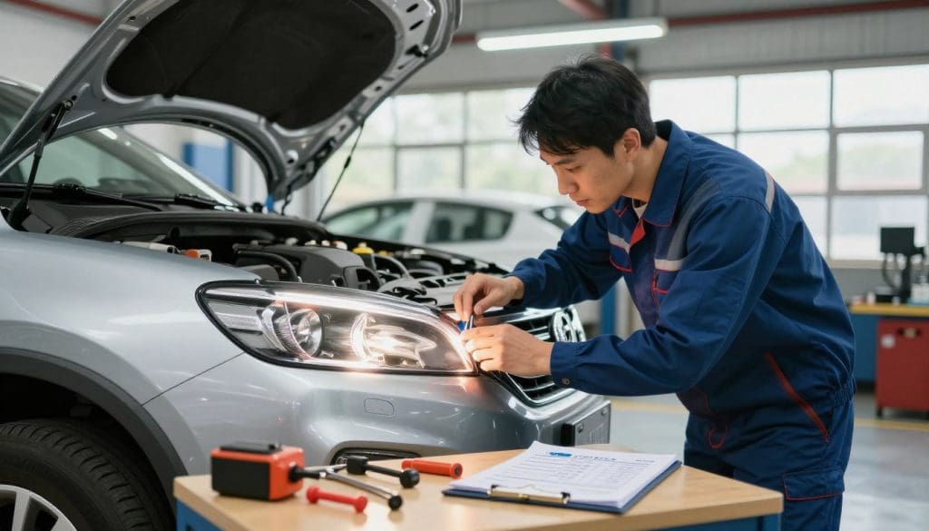 A mechanic in professional business attire inspects a car's headlights and taillights in a well-lit automotive garage. In the foreground, tools and equipment are organized neatly on a workbench, with a digital checklist showing vehicle safety checks. The middle ground features the mechanic closely examining the vehicle's lighting system, demonstrating diligence and expertise. In the background, a well-organized garage with bright fluorescent lighting enhances visibility, adding a clean and professional atmosphere. The scene captures the importance of visibility and lighting maintenance during a seasonal checkup, promoting a sense of responsibility and thoroughness. Use natural daylight filtering through garage windows to create an inviting environment, emphasizing the theme of safety for drivers.