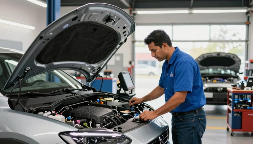 A modern auto repair shop interior in Fair Oaks Ranch, showcasing a skilled mechanic working on a sleek, contemporary vehicle. In the foreground, the mechanic, a middle-aged Hispanic man, is wearing a blue work shirt and dark jeans, focused on a high-tech diagnostic tool. In the middle, an open hood reveals intricate electronics and engine compartments, with bright LED lights illuminating the workspace. Tools and parts are meticulously organized on a nearby workbench. The background features a clean, well-lit garage with large windows allowing natural light to pour in, creating a warm and inviting atmosphere. Ensure the scene conveys professionalism and expertise, with a slight depth of field effect focusing on the mechanic and the vehicle. Soft shadows and vibrant colors enhance the sense of a trustworthy and efficient auto shop.