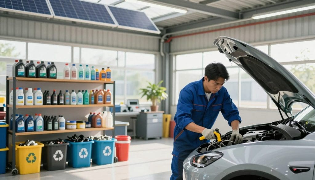 A modern automotive workshop focused on environmental responsibility. In the foreground, a mechanic in a professional blue jumpsuit diligently works on an electric vehicle with eco-friendly tools, highlighting sustainable automotive maintenance practices. In the middle ground, shelves display biodegradable automotive products and recycling bins for oil and parts, emphasizing eco-conscious choices. The background shows solar panels on the garage roof and large windows letting in natural light, creating a bright and airy atmosphere. The scene is captured with a wide-angle lens to encompass the entire workshop, infused with a warm and inviting mood, showcasing a commitment to the environment in the automotive industry.