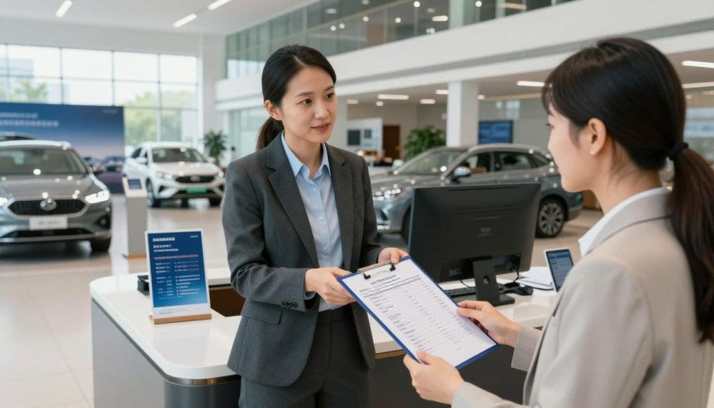 A modern car dealership interior showcasing a sleek negotiation or pricing discussion scene. In the foreground, a professional consultant in business attire presents a detailed pricing sheet to a satisfied customer, both engaged in conversation. In the middle, an elegantly designed reception area with glossy car models and promotional materials displayed, emphasizing the financial aspects of dealership services. In the background, bright lighting illuminates a sophisticated showroom filled with a variety of vehicles. Use a wide-angle lens to capture the spaciousness of the dealership, enhancing the inviting and professional atmosphere. The mood should convey trust and transparency, highlighting the economics involved in dealership pricing structures.
