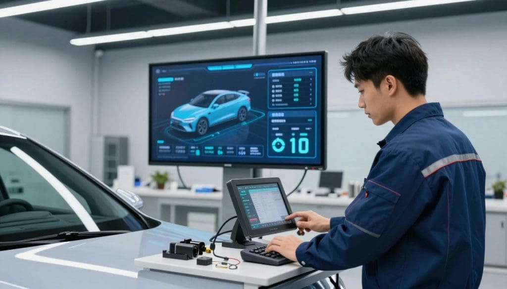 A modern digital vehicle inspection scene set in a well-lit automotive workshop. In the foreground, a mechanic in a professional uniform inspects a sleek, high-tech vehicle with advanced diagnostic equipment, checking the car's digital display for data. In the middle ground, a large digital screen displays animated graphical representations of the vehicle's systems and inspection results. Tools and parts are neatly organized on a workbench. The background features a clean and organized workshop with overhead fluorescent lights, creating a bright and professional atmosphere. The scene conveys a sense of trust and precision in automotive care, focusing on the importance of technology in vehicle maintenance. The angle is slightly elevated, providing a comprehensive view of the inspection process without any people-centric distractions.