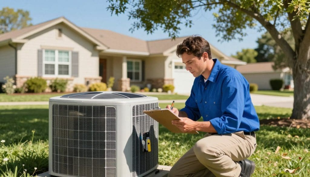 A professional HVAC technician inspecting a residential air conditioning unit in Fair Oaks Ranch. In the foreground, the technician, dressed in a clean blue shirt and khaki pants, is kneeling beside the A/C unit with a clipboard and tools, focused and engaged. The middle ground features a well-maintained suburban home with lush green landscaping typical of Fair Oaks Ranch, showcasing a clear blue sky and bright sunlight. The background includes several trees providing shade and a hint of the neighborhood's character. The composition is well-lit, capturing the warmth of a sunny day, with a slightly shallow depth of field to emphasize the technician’s work. The mood is one of professionalism and reliability, highlighting the importance of specialized A/C service before the heat of summer arrives.