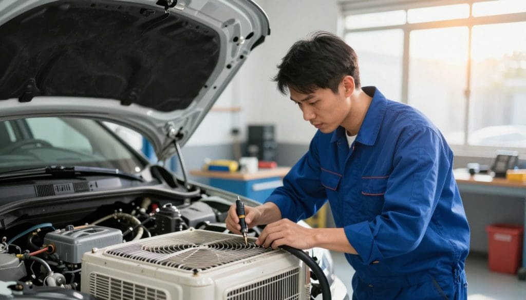 A professional automotive AC repair service scene, featuring a skilled technician in a clean, bright workshop environment. In the foreground, the technician, dressed in a neat blue uniform, is inspecting an air conditioning unit with specialized tools. The middle ground shows a well-organized workspace with various automotive parts, tools, and an open vehicle, showcasing the AC system. The background includes a window with sunlight streaming in, casting warm, inviting light that enhances the professional atmosphere. The overall mood is one of expertise and reliability, emphasizing trust in automotive repair services, especially in preparation for the upcoming heat. The image should have a slightly angled perspective to create depth, highlighting the technician's focused expression.