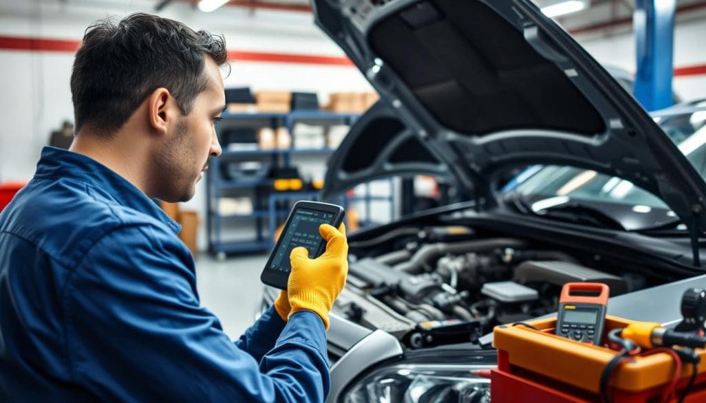A professional automotive technician in a well-lit garage, wearing a clean blue work shirt and safety gloves, intently examining a vehicle's engine through a diagnostic tool. In the foreground, the technician closely observes a digital display showing error codes and performance metrics, with tools like wrenches and multimeters neatly organized nearby. The middle layer features a car on a hydraulic lift, its hood raised, revealing intricate engine components. In the background, shelves filled with automotive parts and repair manuals indicate a professional environment. Soft, focused lighting adds a sense of seriousness and professionalism, giving a clear view of diagnostic equipment and the technician’s concentrated expression. The atmosphere is one of expertise and meticulous care, underlining the importance of professional diagnostic and repair services.