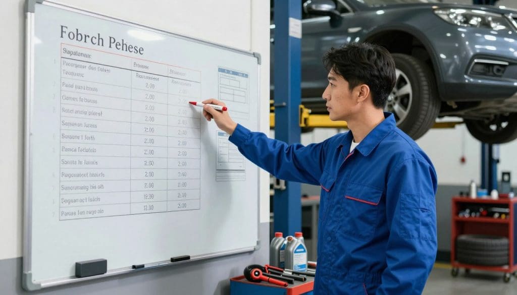 A professional mechanic in a modern automotive workshop stands beside a wall-mounted whiteboard filled with neatly organized car repair quotes and diagrams. In the foreground, the mechanic, dressed in a neat blue work uniform, points to a detailed diagnostic fee breakdown, highlighting important sections with a red marker. On the middle ground, various automotive tools and equipment are neatly arranged, showcasing the environment of a well-organized garage. In the background, a car is elevated on a hydraulic lift, with tools and shop supplies visible, like oil cans and tire gauges, creating a realistic atmosphere. Bright overhead lights illuminate the scene, casting soft shadows. The mood is focused and educational, reflecting clarity and professionalism in car repair discussions. A professional mechanic in a modern automotive workshop stands beside a wall-mounted whiteboard filled with neatly organized car repair quotes and diagrams. In the foreground, the mechanic, dressed in a neat blue work uniform, points to a detailed diagnostic fee breakdown, highlighting important sections with a red marker. On the middle ground, various automotive tools and equipment are neatly arranged, showcasing the environment of a well-organized garage. In the background, a car is elevated on a hydraulic lift, with tools and shop supplies visible, like oil cans and tire gauges, creating a realistic atmosphere. Bright overhead lights illuminate the scene, casting soft shadows. The mood is focused and educational, reflecting clarity and professionalism in car repair discussions.