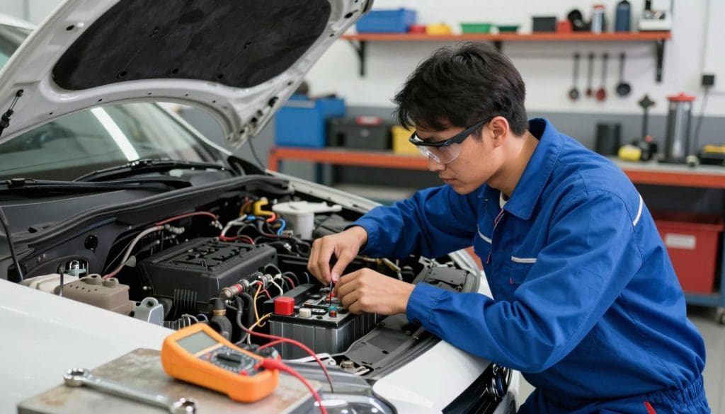 A professional mechanic in a well-lit garage, wearing a clean blue work shirt and safety glasses, is inspecting a car’s electrical system during a seasonal checkup. The mechanic is crouched beside a vehicle with its hood open, focused intently on the battery and wiring connections. In the foreground, tools like a multimeter and wrenches are neatly arranged on a workbench. The middle ground features the car with visible wiring harnesses, and the background shows shelves filled with various automotive tools and equipment. Soft, natural lighting from overhead fluorescents casts a clear, energetic atmosphere, highlighting the mechanic's concentration and the importance of the task. The scene evokes a sense of diligence and professionalism, ideal for showcasing electrical system troubleshooting in car maintenance.