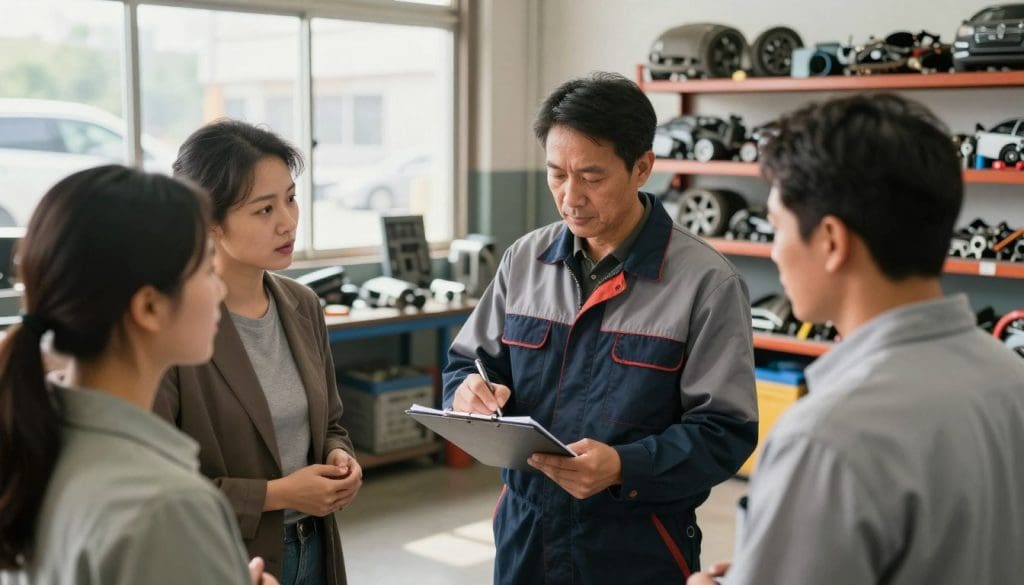 A professional mechanic in a well-organized, clean repair facility, examining a repair estimate on a clipboard. In the foreground, a diverse group of customers (a middle-aged man and a young woman) is engaged in discussion with the mechanic, looking attentive and interested. In the middle ground, various car parts and tools are neatly arranged on shelves. The background features large windows allowing natural light to flood the space, creating a warm and welcoming atmosphere. The scene conveys trust and professionalism, with the mechanic wearing a crisp uniform. The angle is slightly elevated, offering a comprehensive view of the interaction. The overall mood is informative and reassuring, emphasizing the importance of evaluating repair facilities based on reputation. A professional mechanic in a well-organized, clean repair facility, examining a repair estimate on a clipboard. In the foreground, a diverse group of customers (a middle-aged man and a young woman) is engaged in discussion with the mechanic, looking attentive and interested. In the middle ground, various car parts and tools are neatly arranged on shelves. The background features large windows allowing natural light to flood the space, creating a warm and welcoming atmosphere. The scene conveys trust and professionalism, with the mechanic wearing a crisp uniform. The angle is slightly elevated, offering a comprehensive view of the interaction. The overall mood is informative and reassuring, emphasizing the importance of evaluating repair facilities based on reputation.