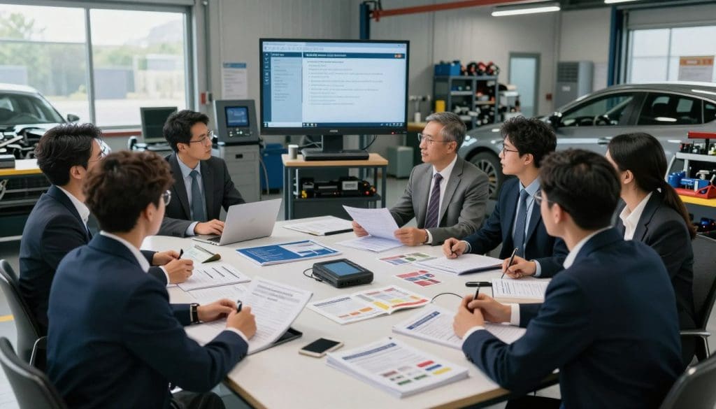 A professional technician training session in an automotive garage setting, focused on various certification standards. In the foreground, a diverse group of technicians, wearing smart business attire, actively engages around a large table filled with manuals and training materials. The middle ground features a high-tech training station with diagnostic tools and screens displaying training modules. The background shows a well-organized garage with tools and vehicles, emphasizing a professional atmosphere. Soft, natural lighting flows through large windows, casting gentle shadows and highlighting the engaged expressions of the technicians. The scene conveys a sense of collaboration, focus, and professionalism within the realm of technician training and certification.
