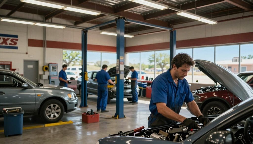 A scene depicting a trusted auto repair shop in Boerne, Texas, showcasing a busy yet welcoming atmosphere. In the foreground, a skilled mechanic in blue coveralls works diligently on a car, tools neatly arranged nearby. The middle ground features a well-maintained workshop with high ceilings, bright overhead lighting illuminating the space, and various cars awaiting service, reflecting a sense of professionalism. In the background, large windows offer a glimpse of the outdoors, showing the characteristic Texan landscape with a few trees under a clear blue sky. The mood conveys reliability and community trust, emphasizing the shop’s reputation for quality service. The composition captures an inviting workplace, focusing on a teamwork vibe among technicians.