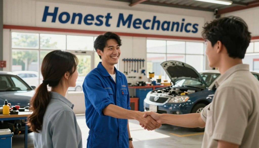 A welcoming auto shop named "Honest Mechanics" designed with a bright, inviting facade. In the foreground, a friendly mechanic, wearing a neat blue uniform, is engaging with a customer, both smiling and shaking hands to symbolize trust. The middle ground features a clean and organized workshop with shiny tools neatly arranged on walls, and a couple of vehicles in various stages of repair. In the background, large windows allow natural light to flood the space, creating a warm and approachable atmosphere. The lighting is soft and even, lending a sense of calm and reliability. The scene captures a small-town vibe with greenery outside, suggesting a committed community business.