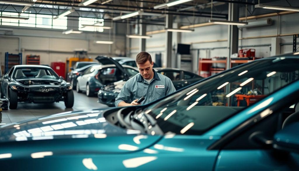 A well-lit, spacious collision repair service garage, showing a sleek, partially repaired car in the foreground surrounded by tools and equipment. In the middle, a professional mechanic in a clean, branded uniform inspects the vehicle’s engine, holding a diagnostic tool. The mechanic is focused and attentive, conveying a sense of expertise. In the background, various cars in different stages of repair are visible, including a frame machine and organized tool racks, emphasizing a bustling yet orderly environment. Soft overhead lighting casts a natural glow, highlighting the polished surfaces and creating a realistic, inviting atmosphere. The scene conveys professionalism and the intricacies of collision repair, suitable for readers seeking expert assistance.