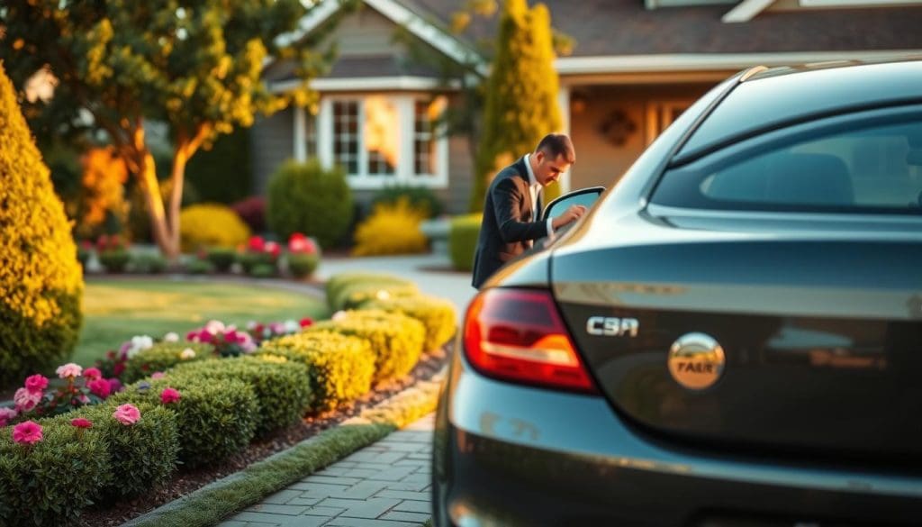 A well-maintained car parked in a serene suburban driveway during golden hour, capturing the warmth of late afternoon sunlight. In the foreground, a person in professional business attire is inspecting the car, showing attention to detail and pride in ownership. The middle ground features a lush garden with vibrant flowers and trimmed hedges, signifying care and investment in both the vehicle and the home. In the background, a cozy house reflects stability and the value of keeping a trusted vehicle. The lighting is soft and warm, creating an atmosphere of contentment and security, while a slightly shallow depth of field focuses on the car and the person, emphasizing their connection. A well-maintained car parked in a serene suburban driveway during golden hour, capturing the warmth of late afternoon sunlight. In the foreground, a person in professional business attire is inspecting the car, showing attention to detail and pride in ownership. The middle ground features a lush garden with vibrant flowers and trimmed hedges, signifying care and investment in both the vehicle and the home. In the background, a cozy house reflects stability and the value of keeping a trusted vehicle. The lighting is soft and warm, creating an atmosphere of contentment and security, while a slightly shallow depth of field focuses on the car and the person, emphasizing their connection.