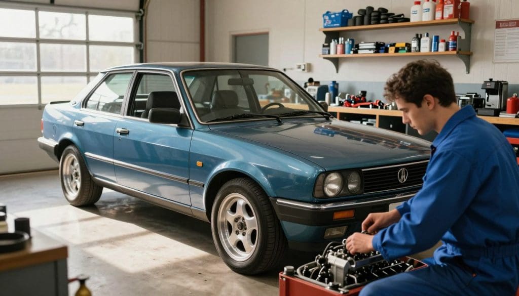 A well-maintained high-mileage vehicle parked in a cozy garage environment, showcasing its reflective paint and polished wheels, symbolizing durability and care. In the foreground, a mechanic wearing a blue jumpsuit examines the engine's components, highlighting routine maintenance practices. The middle ground features tools neatly arranged on a workbench, emphasizing the importance of upkeep. In the background, shelves filled with automotive supplies and spare parts create a professional atmosphere. Soft, natural lighting streams in from the garage door, casting gentle shadows and adding depth to the scene. The ambiance feels reassuring and focused, inviting viewers to consider the myths surrounding high-mileage vehicles. A well-maintained high-mileage vehicle parked in a cozy garage environment, showcasing its reflective paint and polished wheels, symbolizing durability and care. In the foreground, a mechanic wearing a blue jumpsuit examines the engine's components, highlighting routine maintenance practices. The middle ground features tools neatly arranged on a workbench, emphasizing the importance of upkeep. In the background, shelves filled with automotive supplies and spare parts create a professional atmosphere. Soft, natural lighting streams in from the garage door, casting gentle shadows and adding depth to the scene. The ambiance feels reassuring and focused, inviting viewers to consider the myths surrounding high-mileage vehicles.