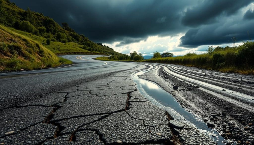 A winding road cut through a lush, green landscape, with clear signs of varying environmental factors affecting driving conditions. In the foreground, a cracked asphalt road reveals uneven surfaces and scattered gravel. Transitioning to the middle ground, a rain-soaked area shows reflective puddles indicating recent weather changes, while tire tracks cut through slippery mud. In the background, a bright sky holds dark storm clouds on one side, creating a stark contrast with sunlight filtering through on the other, hinting at shifting weather conditions. The atmosphere is tense yet dynamic, highlighting the precariousness of driving on such diverse surfaces. Capture this scene with a shallow depth of field, emphasizing textures and details in the road while softening the background. Use natural lighting to accentuate the contrasts and create a realistic, immersive environment. A winding road cut through a lush, green landscape, with clear signs of varying environmental factors affecting driving conditions. In the foreground, a cracked asphalt road reveals uneven surfaces and scattered gravel. Transitioning to the middle ground, a rain-soaked area shows reflective puddles indicating recent weather changes, while tire tracks cut through slippery mud. In the background, a bright sky holds dark storm clouds on one side, creating a stark contrast with sunlight filtering through on the other, hinting at shifting weather conditions. The atmosphere is tense yet dynamic, highlighting the precariousness of driving on such diverse surfaces. Capture this scene with a shallow depth of field, emphasizing textures and details in the road while softening the background. Use natural lighting to accentuate the contrasts and create a realistic, immersive environment.