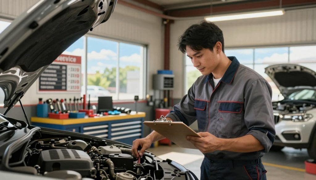 An inviting and honest auto shop interior, featuring a clean and well-lit garage space. In the foreground, a mechanic in professional attire, meticulously inspecting a car engine with a trustworthy expression, holding a clipboard. In the middle ground, various auto repair tools are neatly organized on a workbench, and a clear service station display highlights affordable, transparent pricing. Soft, warm lighting enhances the feeling of reliability and openness throughout the shop. In the background, large windows let in natural light, showcasing a bright blue sky and greenery outside, contributing to a friendly atmosphere. The overall mood is reassuring and professional, embodying trust and integrity in auto repair services.