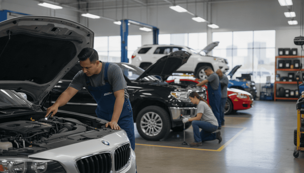 A bustling automotive service center in San Antonio, showcasing a diverse team of professional mechanics working diligently on vehicles. In the foreground, a mechanic in a blue coverall inspects an engine, while another technician in casual attire examines tire pressure nearby. The middle ground features a variety of cars, including sedans and trucks, each in different states of repair. Behind them, the service bay is well-equipped with tools and automotive parts, illuminated by bright overhead lighting that enhances the workspace's cleanliness and efficiency. The atmosphere conveys a sense of reliability and professionalism, capturing the essence of trustworthy automotive service. The image should have a slight depth of field effect, focusing on the mechanics while softly blurring the background details for emphasis.