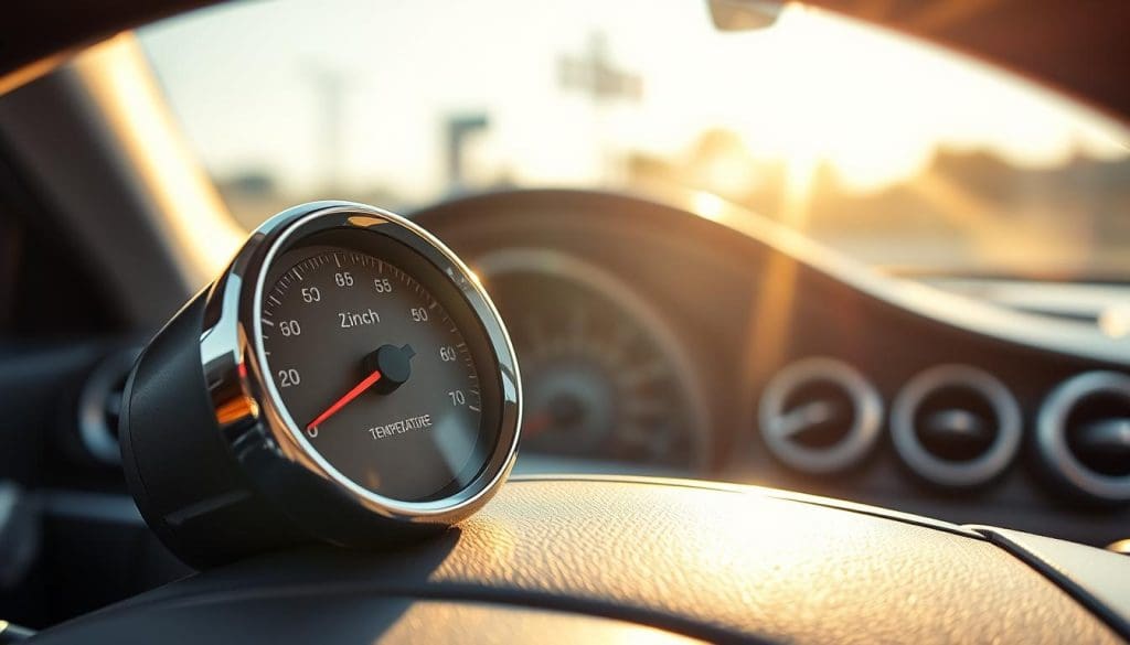 A close-up of a car's temperature gauge prominently displayed on the dashboard, showing a needle indicating high temperature. The foreground features the glossy surface of the gauge with clear labels and markings. In the middle ground, the interior of the car is subtly illuminated, showcasing a well-maintained dashboard with modern design elements and silver accents. The background includes a softly blurred view of the car's windshield, hinting at the bright San Antonio sun casting warm, natural light into the cabin, enhancing the overall sense of urgency and caution. The mood conveys a sense of alertness, emphasizing the importance of monitoring engine temperature to prevent overheating.