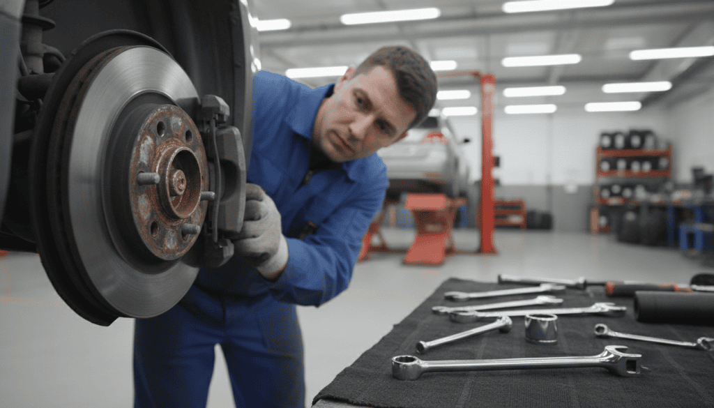 A close-up scene of a mechanic inspecting brake pads in a well-lit garage. In the foreground, a trained technician wearing a blue jumpsuit and safety gloves focuses on a brake caliper, revealing the worn brake pads beneath. The middle ground features an organized toolset, including wrenches and a torque wrench, indicating professionalism and meticulousness. The background showcases a clean garage filled with automotive equipment, illuminated by bright overhead lights, creating a crisp, industrious atmosphere. The image captures the detailed texture of the brake pads and the earnest expression of the mechanic, emphasizing the importance of the brake pad replacement process. Use a slightly angled perspective to create depth and interest, with a focus on clarity and realism. A close-up scene of a mechanic inspecting brake pads in a well-lit garage. In the foreground, a trained technician wearing a blue jumpsuit and safety gloves focuses on a brake caliper, revealing the worn brake pads beneath. The middle ground features an organized toolset, including wrenches and a torque wrench, indicating professionalism and meticulousness. The background showcases a clean garage filled with automotive equipment, illuminated by bright overhead lights, creating a crisp, industrious atmosphere. The image captures the detailed texture of the brake pads and the earnest expression of the mechanic, emphasizing the importance of the brake pad replacement process. Use a slightly angled perspective to create depth and interest, with a focus on clarity and realism.