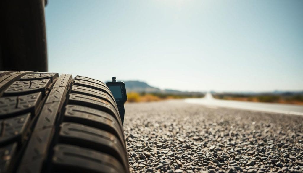 A close-up shot of a car tire on a gravel road, in the foreground, showcasing detailed wear patterns and tread depth. The tire should appear slightly deflated, emphasizing the importance of evaluating pressure and condition before a road trip. In the middle ground, a digital pressure gauge rests beside the tire, highlighting the necessity for pressure checks. The background should feature a sunny Texas landscape with open roads, distant hills, and a clear blue sky, creating an adventurous atmosphere. Use natural, warm lighting to enhance the textures of the tire and road surface, captured with a 50mm lens for sharp focus. The mood should convey practicality and readiness for a road trip.