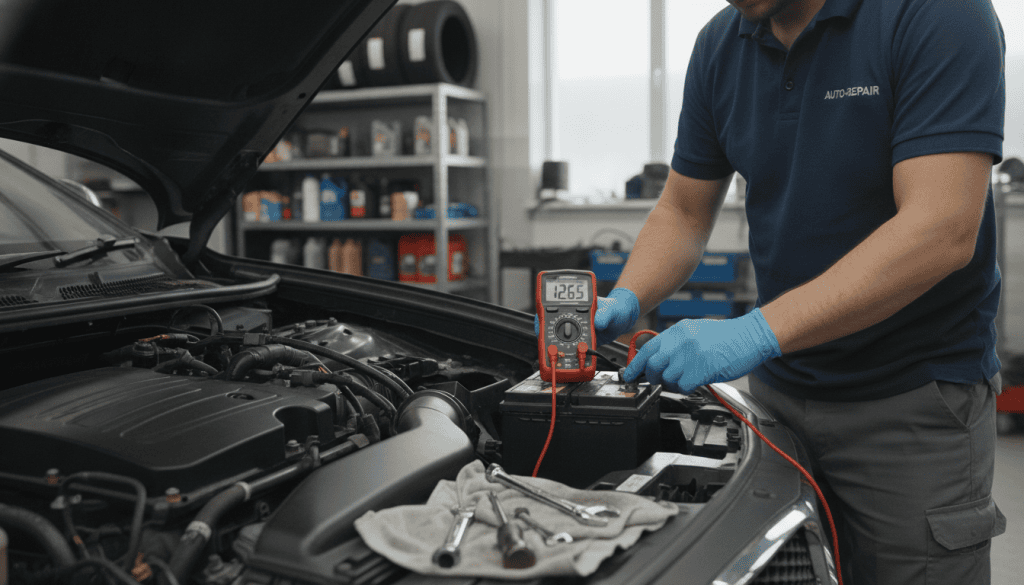 A close-up view of a battery voltage test being performed on a car battery. In the foreground, a multimeter is attached to the battery terminals, clearly displaying the voltage reading. The technician, dressed in a professional shirt and modest trousers, holds the multimeter leads with focused concentration. The middle ground shows the car's engine compartment, with various automotive tools and equipment neatly arranged. The background fades into a well-lit garage setting, with shelves of tools and spare automotive parts. Soft, natural lighting highlights the scene, creating a professional atmosphere that conveys precision and care in automotive maintenance. The angle captures both the technician's hands and the battery, emphasizing the action of testing the voltage. A close-up view of a battery voltage test being performed on a car battery. In the foreground, a multimeter is attached to the battery terminals, clearly displaying the voltage reading. The technician, dressed in a professional shirt and modest trousers, holds the multimeter leads with focused concentration. The middle ground shows the car's engine compartment, with various automotive tools and equipment neatly arranged. The background fades into a well-lit garage setting, with shelves of tools and spare automotive parts. Soft, natural lighting highlights the scene, creating a professional atmosphere that conveys precision and care in automotive maintenance. The angle captures both the technician's hands and the battery, emphasizing the action of testing the voltage.