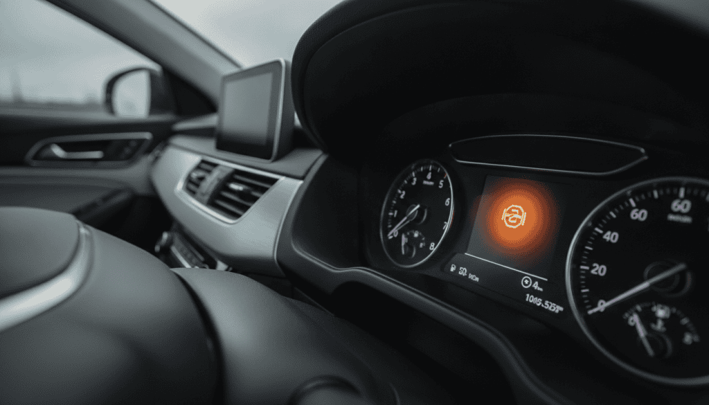 A close-up view of a car dashboard featuring a glowing check engine light prominently displayed on the instrument cluster. The foreground includes detailed dials and indicators around the check engine light, reflecting realistic textures and lighting. In the middle ground, the dashboard should have a sleek design, with a focus on the warning light in vibrant orange, emanating a subtle glow. The background features a blurred view of the car interior, creating a sense of depth. Use soft, natural lighting to evoke a serious but informative mood, suggesting concern and curiosity. The angle should provide a clear view of the check engine light, framed slightly off-center for a dynamic composition, ensuring the scene is devoid of any logos or text. A close-up view of a car dashboard featuring a glowing check engine light prominently displayed on the instrument cluster. The foreground includes detailed dials and indicators around the check engine light, reflecting realistic textures and lighting. In the middle ground, the dashboard should have a sleek design, with a focus on the warning light in vibrant orange, emanating a subtle glow. The background features a blurred view of the car interior, creating a sense of depth. Use soft, natural lighting to evoke a serious but informative mood, suggesting concern and curiosity. The angle should provide a clear view of the check engine light, framed slightly off-center for a dynamic composition, ensuring the scene is devoid of any logos or text.
