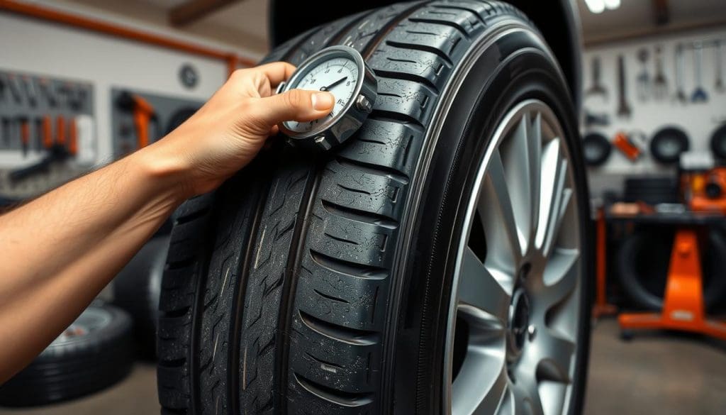 A close-up view of a car tire showing uneven wear patterns, highlighting pressure and inflation issues. In the foreground, the tire is prominently displayed, revealing areas of excessive wear on one side and healthy tread on the other. The middle ground features a mechanic's hand gently pressing a gauge against the tire valve, assessing the tire pressure. The background includes a well-lit garage with tools hung neatly on the wall and a workbench cluttered with tire repair equipment. Soft, diffused lighting creates a focused atmosphere, emphasizing the importance of tire care. The angle is slightly elevated, providing a clear view of the tire and the mechanic's actions, generating a mood of diligence and professionalism.