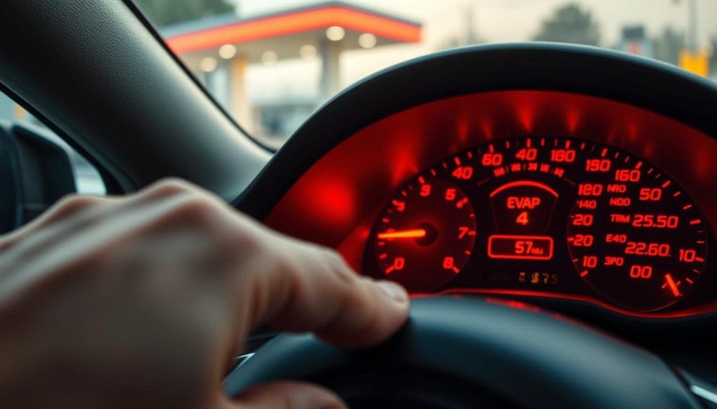 A close-up view of a car's dashboard displaying a bright red check engine light, specifically highlighting the EVAP system indicator. The dashboard is sleek and modern, with various gauges and controls softly illuminated in the background. The lighting is warm, creating an inviting atmosphere contrasted with the bold red of the warning light. In the foreground, a hand reaches towards the ignition key, conveying a sense of concern. The background shows a blurred image of a gas station, subtly emphasizing the recent refueling context. The composition should have a shallow depth of field to keep focus on the dashboard while the gas station fades into a gentle blur. Overall, the mood is slightly tense, reflecting the worry that accompanies a warning light indicating potential issues with the vehicle.