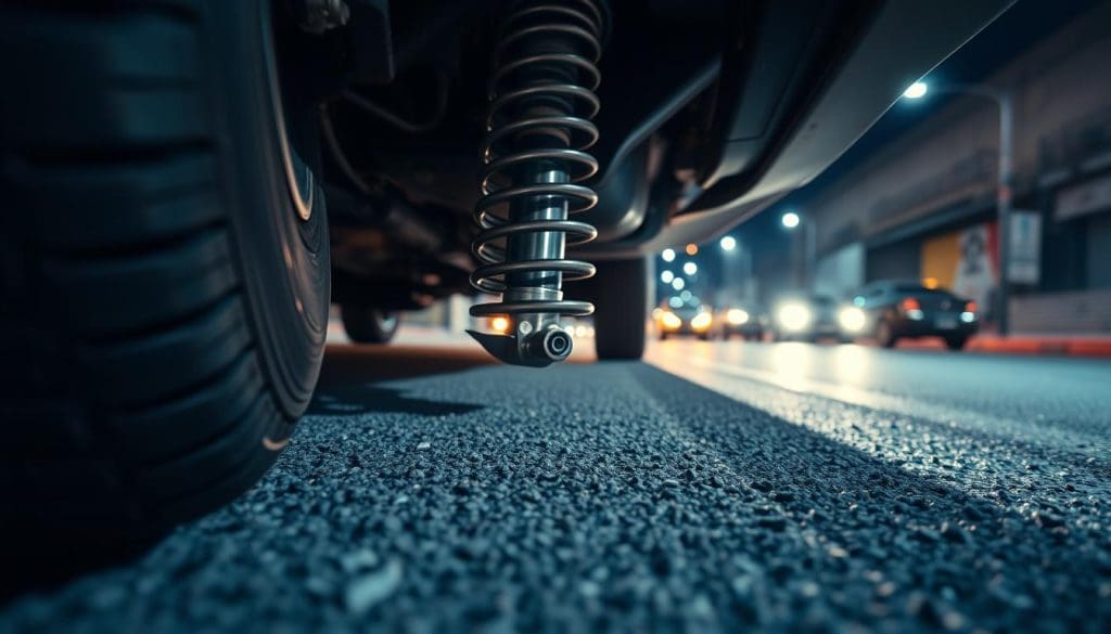 A close-up view of a car’s suspension system, highlighting the shock absorber and coil springs, with an emphasis on their motion as they react to an uneven surface. In the foreground, display a slightly blurred view of tire tread marks, suggesting recent travel over bumps. The middle ground features the suspension parts in sharp focus, showcasing wear and potential damage that could cause a clunking noise. In the background, create a dimly lit, urban street scene with a hint of nighttime ambiance, where the car is driving over a bump, sending vibrations through the chassis. Utilize high-contrast lighting to create an atmosphere of urgency and concern, capturing the essence of mechanical distress. The angle should be slightly tilted, emphasizing the dynamic movement associated with driving over obstacles. The overall mood is tense, reflecting the seriousness of ignoring unusual road noises. A close-up view of a car’s suspension system, highlighting the shock absorber and coil springs, with an emphasis on their motion as they react to an uneven surface. In the foreground, display a slightly blurred view of tire tread marks, suggesting recent travel over bumps. The middle ground features the suspension parts in sharp focus, showcasing wear and potential damage that could cause a clunking noise. In the background, create a dimly lit, urban street scene with a hint of nighttime ambiance, where the car is driving over a bump, sending vibrations through the chassis. Utilize high-contrast lighting to create an atmosphere of urgency and concern, capturing the essence of mechanical distress. The angle should be slightly tilted, emphasizing the dynamic movement associated with driving over obstacles. The overall mood is tense, reflecting the seriousness of ignoring unusual road noises.