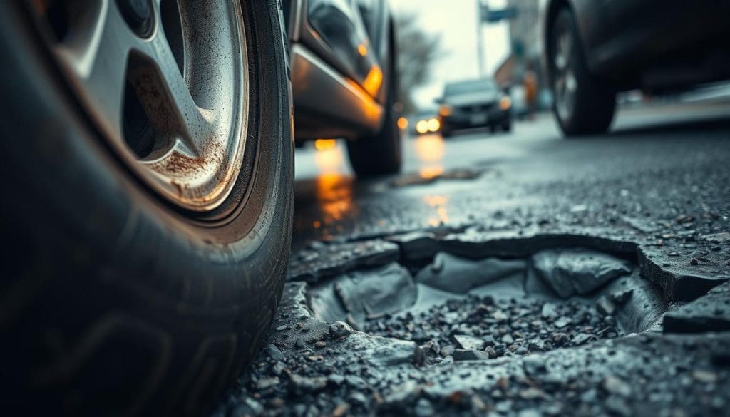 A close-up view of a damaged tire and wheel well of a car parked beside a prominent pothole. The foreground showcases the tire, revealing a noticeable bulge and scratches on the rim, while the wheel well displays signs of impact, such as scuff marks and dirt. The middle ground features the pothole itself, filled with rainwater, showing jagged edges and loose gravel. In the background, a blurred city street setting with fading daylight creates a melancholic atmosphere, accentuating the vehicle's plight. The lighting is soft and diffuse, replicating an overcast day, and the composition is set from a low angle to emphasize the pothole's depth and the tire's damage. The general mood is somber, reflecting the consequences of hitting a pothole. A close-up view of a damaged tire and wheel well of a car parked beside a prominent pothole. The foreground showcases the tire, revealing a noticeable bulge and scratches on the rim, while the wheel well displays signs of impact, such as scuff marks and dirt. The middle ground features the pothole itself, filled with rainwater, showing jagged edges and loose gravel. In the background, a blurred city street setting with fading daylight creates a melancholic atmosphere, accentuating the vehicle's plight. The lighting is soft and diffuse, replicating an overcast day, and the composition is set from a low angle to emphasize the pothole's depth and the tire's damage. The general mood is somber, reflecting the consequences of hitting a pothole.