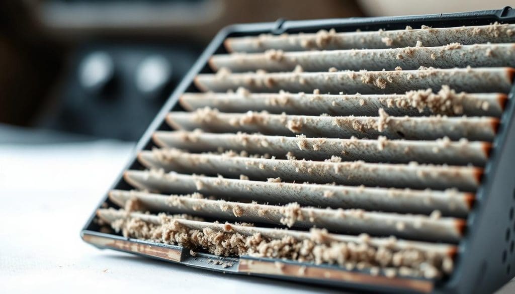 A close-up view of a dirty cabin air filter placed on a clean, white background, showing layers of dust and debris trapped within the filter fibers. In the foreground, the filter is prominently displayed, highlighting the clogged sections with visible particles and discoloration. In the middle ground, subtle reflections or shadows can hint at the filter's importance in a vehicle's HVAC system. The background should be softly blurred to emphasize the filter, creating a clean and informative atmosphere. Ideal lighting is bright and diffuse, mimicking natural daylight to enhance clarity without harsh shadows. The mood should be educational and focused, ensuring the viewer understands the significance of maintaining a clean cabin air filter.
