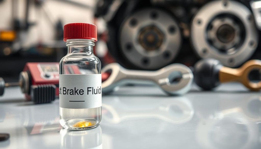 A close-up view of a laboratory scene showcasing a small vial labeled "Test Brake Fluid" sitting on a clean, reflective surface. In the foreground, the vial is sharply focused, revealing the fluid's clear texture with subtle hints of color indicating its age. The middle background features a set of professional automotive diagnostic tools, such as a brake fluid tester and a wrench, elegantly laid out as if in use. Soft, diffused lighting casts gentle shadows, creating an atmosphere of precision and care. In the background, out-of-focus automotive components hint at a workshop environment. The overall mood is serious and technical, highlighting the importance of brake fluid maintenance in vehicle safety.