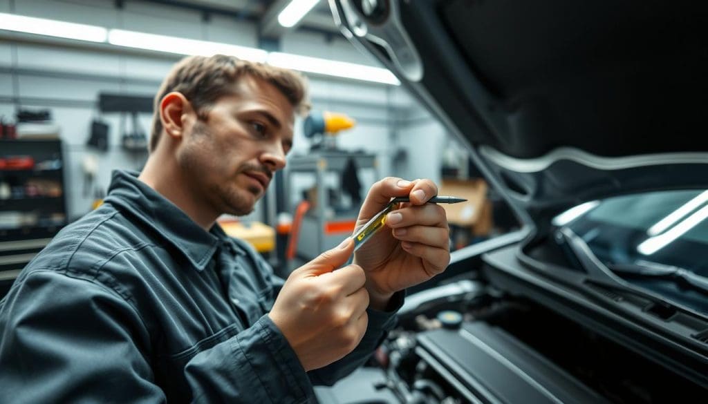 A close-up view of a mechanic checking transmission fluid in a car. In the foreground, a mechanic wearing a professional work uniform examines a dipstick, with a focused expression, showing signs of wear on the fluid. The middle features a partially opened hood of a vehicle, revealing the engine compartment with clear visibility of the transmission fluid reservoir. In the background, soft workshop lighting illuminates a clean, organized garage with tools and equipment neatly arranged. The atmosphere conveys a sense of professionalism and diligence, highlighting the importance of checking fluid quality. The angle is slightly overhead to capture the action clearly while ensuring the mechanic is well-centered in the composition.