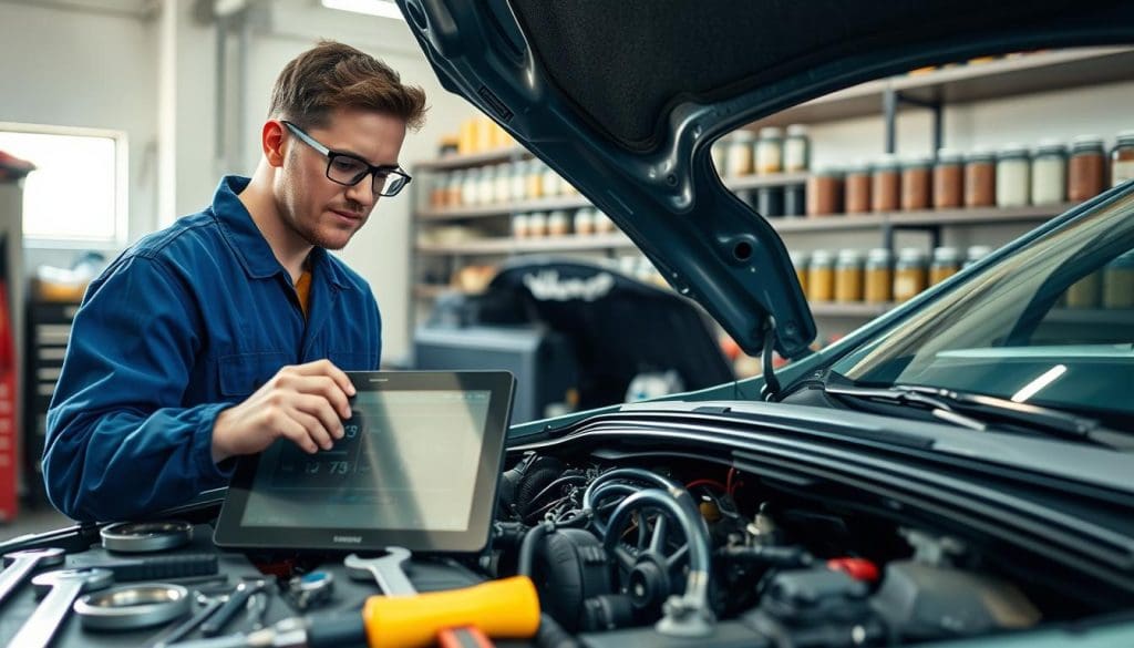 A close-up view of a mechanic in a well-lit garage, wearing a blue jumpsuit and safety glasses while inspecting a car engine. The foreground features various tools like wrenches and screwdrivers neatly arranged, along with a diagnostic tablet displaying engine parameters. In the middle ground, the car's hood is lifted, showcasing the intricate details of the engine, including wires, hoses, and engine components. The background contains shelves filled with jars of engine oil and car maintenance supplies, creating an organized and professional atmosphere. Soft, natural lighting illuminates the scene, highlighting the mechanic's focused expression. The mood is one of diligence and precision, emphasizing the importance of routine vehicle maintenance to prevent future issues.
