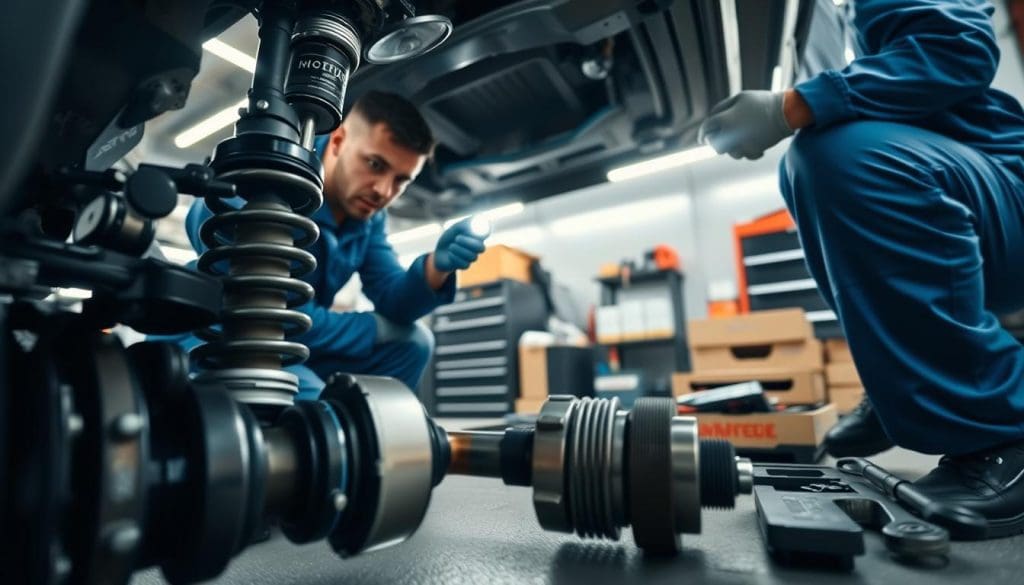A close-up view of a mechanic inspecting the suspension system of a vehicle, set in a well-lit garage environment. The mechanic, wearing a blue jumpsuit and safety gloves, is kneeling beside a car with the hood open, examining the suspension components using a flashlight. The foreground focuses on the detailed mechanics of the suspension, including shock absorbers and springs, while the middle ground features tools scattered on the toolbox and boxes of spare parts. In the background, soft light from fluorescent tubes illuminates the garage, creating a professional and industrial atmosphere. The image conveys a sense of diligence and precision, capturing the essential steps of vehicle diagnosis. The angle is slightly tilted, providing a dynamic perspective that highlights the mechanical intricacies. A close-up view of a mechanic inspecting the suspension system of a vehicle, set in a well-lit garage environment. The mechanic, wearing a blue jumpsuit and safety gloves, is kneeling beside a car with the hood open, examining the suspension components using a flashlight. The foreground focuses on the detailed mechanics of the suspension, including shock absorbers and springs, while the middle ground features tools scattered on the toolbox and boxes of spare parts. In the background, soft light from fluorescent tubes illuminates the garage, creating a professional and industrial atmosphere. The image conveys a sense of diligence and precision, capturing the essential steps of vehicle diagnosis. The angle is slightly tilted, providing a dynamic perspective that highlights the mechanical intricacies.