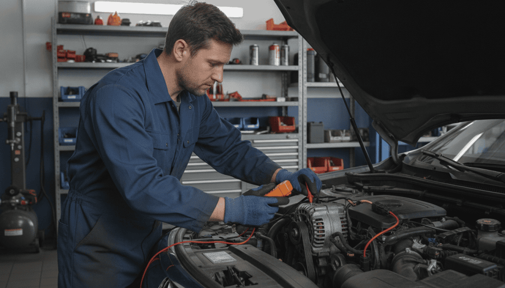 A close-up view of a professional mechanic performing a charging system test on a vehicle's alternator in a well-lit garage. The foreground features the mechanic, wearing blue coveralls and safety gloves, focused on the alternator with a multimeter in hand. In the middle ground, the open hood of a car reveals the alternator, showing wires and connectors. In the background, shelves filled with tools and equipment create an organized workspace atmosphere. The lighting is bright, highlighting the shiny metal of the alternator and the mechanic's concentrated expression. The overall mood is practical and technical, evoking a sense of professionalism and diligence in vehicle maintenance.