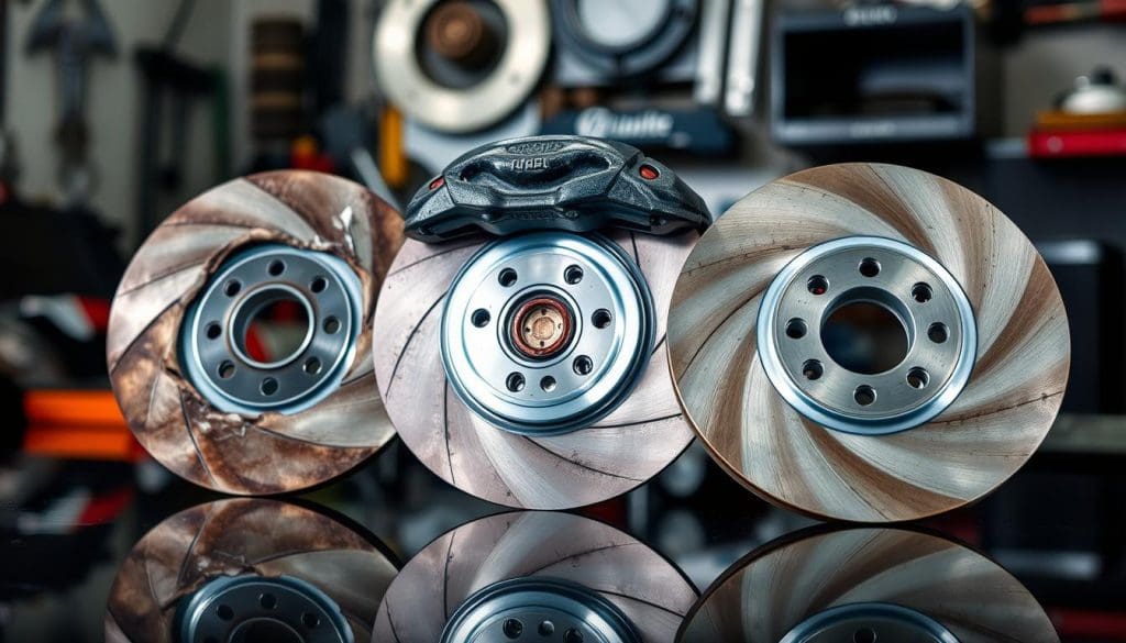 A close-up view of a set of warped brake rotors, artistically displayed on a reflective surface. The foreground features damaged rotors with visible warping, heat spots, and wear patterns, emphasizing their irregular shapes. In the middle, a standard brake caliper is attached, further showcasing the relationship between the components. The background is softly blurred, depicting a hint of a garage setting with tools and automotive parts, creating context. The lighting is dramatic, with strong contrasts that highlight the contours and textures of the rotors, evoking a sense of tension and urgency. The composition should convey a technical yet engaging atmosphere, suggesting the seriousness of vehicle maintenance. A close-up view of a set of warped brake rotors, artistically displayed on a reflective surface. The foreground features damaged rotors with visible warping, heat spots, and wear patterns, emphasizing their irregular shapes. In the middle, a standard brake caliper is attached, further showcasing the relationship between the components. The background is softly blurred, depicting a hint of a garage setting with tools and automotive parts, creating context. The lighting is dramatic, with strong contrasts that highlight the contours and textures of the rotors, evoking a sense of tension and urgency. The composition should convey a technical yet engaging atmosphere, suggesting the seriousness of vehicle maintenance.