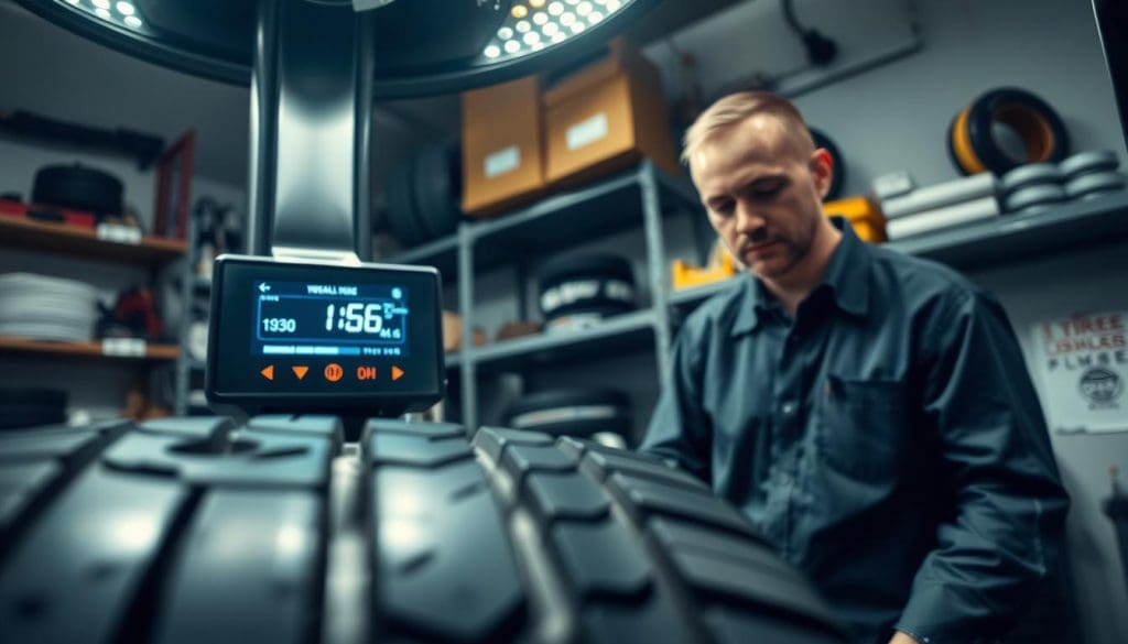 A close-up view of a tire balancing machine in a workshop, showcasing a wheel being precisely balanced. In the foreground, the focus is on the tire with weights being adjusted, glimmering under bright overhead LED lights. The middle ground features the machine's digital display, indicating current balance metrics, while a professional technician in modest, professional clothing carefully monitors the process. In the background, shelves stocked with various tire tools and equipment add context to the workshop environment. The atmosphere is one of meticulous attention to detail, conveying the importance of tire balance in automotive maintenance. The lighting is bright and focused, emphasizing the precision of the work being done. The overall mood is technical and industrious, appropriate for a knowledgeable automotive setting. A close-up view of a tire balancing machine in a workshop, showcasing a wheel being precisely balanced. In the foreground, the focus is on the tire with weights being adjusted, glimmering under bright overhead LED lights. The middle ground features the machine's digital display, indicating current balance metrics, while a professional technician in modest, professional clothing carefully monitors the process. In the background, shelves stocked with various tire tools and equipment add context to the workshop environment. The atmosphere is one of meticulous attention to detail, conveying the importance of tire balance in automotive maintenance. The lighting is bright and focused, emphasizing the precision of the work being done. The overall mood is technical and industrious, appropriate for a knowledgeable automotive setting.