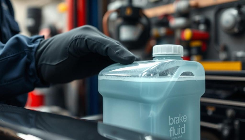 A close-up view of a transparent brake fluid reservoir, glistening under soft, diffused lighting. The foreground showcases the reservoir filled with bright, clean brake fluid, its glossy surface reflecting subtle hints of the surrounding environment. In the middle, a mechanic’s gloved hand is gently reaching towards the reservoir, illustrating the action of checking or changing the fluid, dressed in a dark blue work uniform. The background features blurred automotive tools and equipment, enhancing the setting of a professional garage. The atmosphere is serious yet purposeful, emphasizing the importance of vehicle maintenance and safety. A shallow depth of field highlights the brake fluid as the focal point, evoking a sense of critical safety in automotive care.