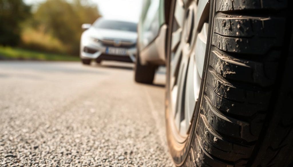 A close-up view of a worn tire displaying uneven wear patterns, prominently featuring the tread. The foreground showcases the tire with visible irregularities, such as bald patches on one side and excessive wear on the edges. In the middle ground, a partially blurred car can be seen, emphasizing the tire as the main focus while hinting at driving habits impacting tire condition. The background consists of a paved road, suggesting a realistic driving environment. Soft, natural daylight illuminates the scene, casting subtle shadows that enhance the texture of the tire. The mood is informative and technical, aiming to educate viewers on the consequences of driving styles on tire longevity.
