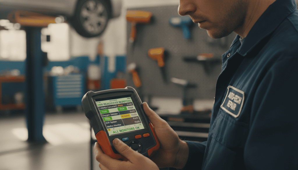 A close-up view of an automotive diagnostic tool displaying OBD readiness monitors on a digital screen. In the foreground, the tool is held by a person in a professional mechanic uniform, focused on the readings. The middle section features a clear, illuminated display showcasing various monitor statuses like "Catalytic Converter," "Oxygen Sensors," and "Evaporative System," with green, yellow, and red indicators. The background includes a blurred workshop setting with tools and equipment, creating a sense of a busy auto repair environment. Soft, warm lighting highlights the display and the mechanic's concentration, evoking a serious yet optimistic atmosphere. The overall composition conveys the importance of monitoring readiness before an emissions test, emphasizing professionalism and attention to detail.