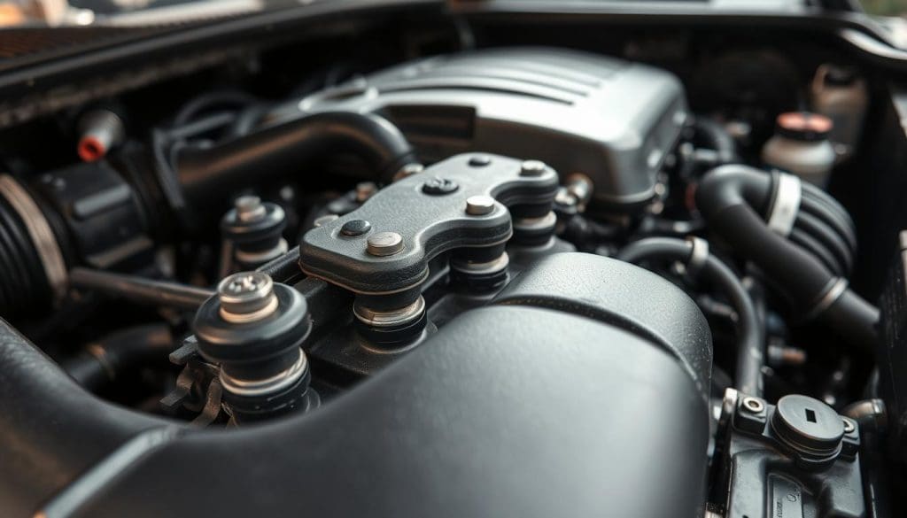 A close-up view of engine mounts installed in a car engine compartment. The scene showcases the mounts in intricate detail, highlighting the rubber and metal components, with visible bolts and connections. The foreground captures the texture of the engine mounts, while the middle ground reveals the engine block and nearby components, suggesting a typical engine environment. In the background, soft shadows create depth. The lighting is bright and even, reminiscent of a garage workshop setting, to emphasize the mechanical aspects. The angle is slightly above the engine, providing a clear perspective for educational purposes. The mood is informative and technical, aimed at illustrating common mechanical causes of a shaking idle.