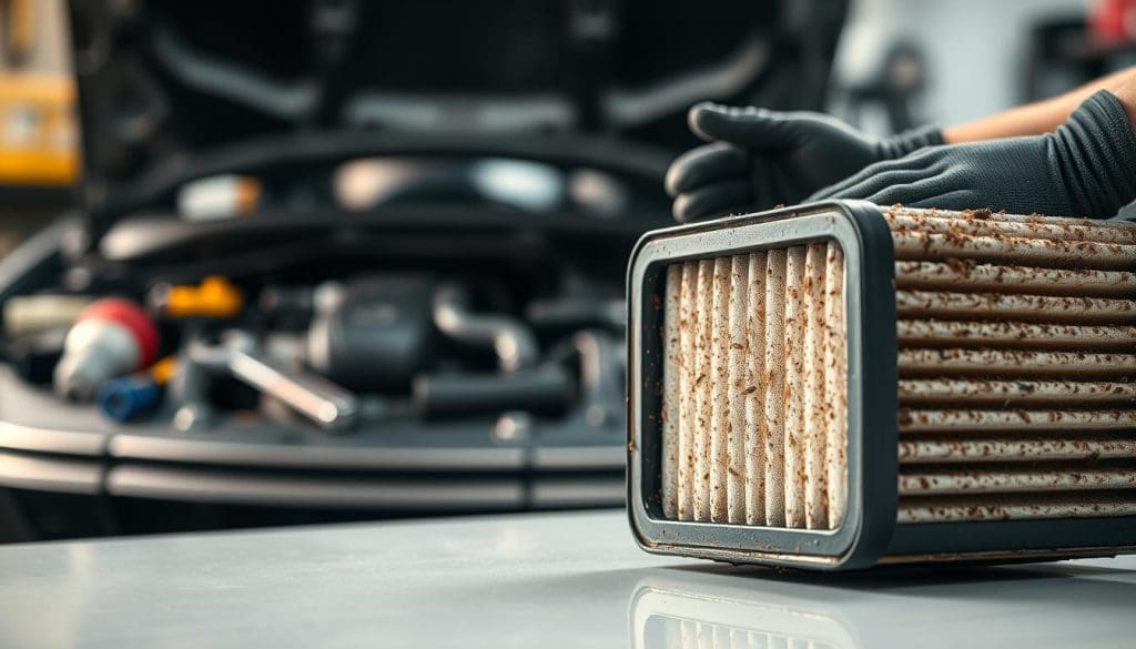 A detailed and close-up image of an engine air filter, prominently displayed in the foreground, showcasing the texture of the filter material and its filtration elements. The air filter should be positioned on a clean, reflective surface, with soft, diffused lighting illuminating its surface to highlight dust and debris accumulation, indicating wear and the need for replacement. In the middle ground, include an engine compartment partially visible, with tools and a mechanic's hand in gloves, inspecting the filter. The background features a soft-focus garage setting with tools organized neatly on a workbench. The atmosphere is informative and technical, emphasizing the importance of vehicle maintenance.